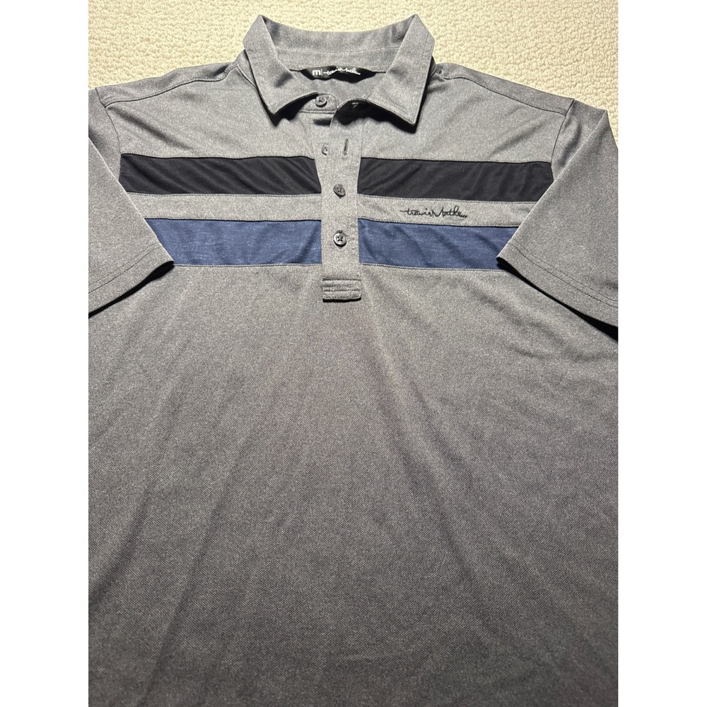 TravisMathew Polo Shirt Grey Blue Black Striped Short Sleeve Golf Mens Size‎ M